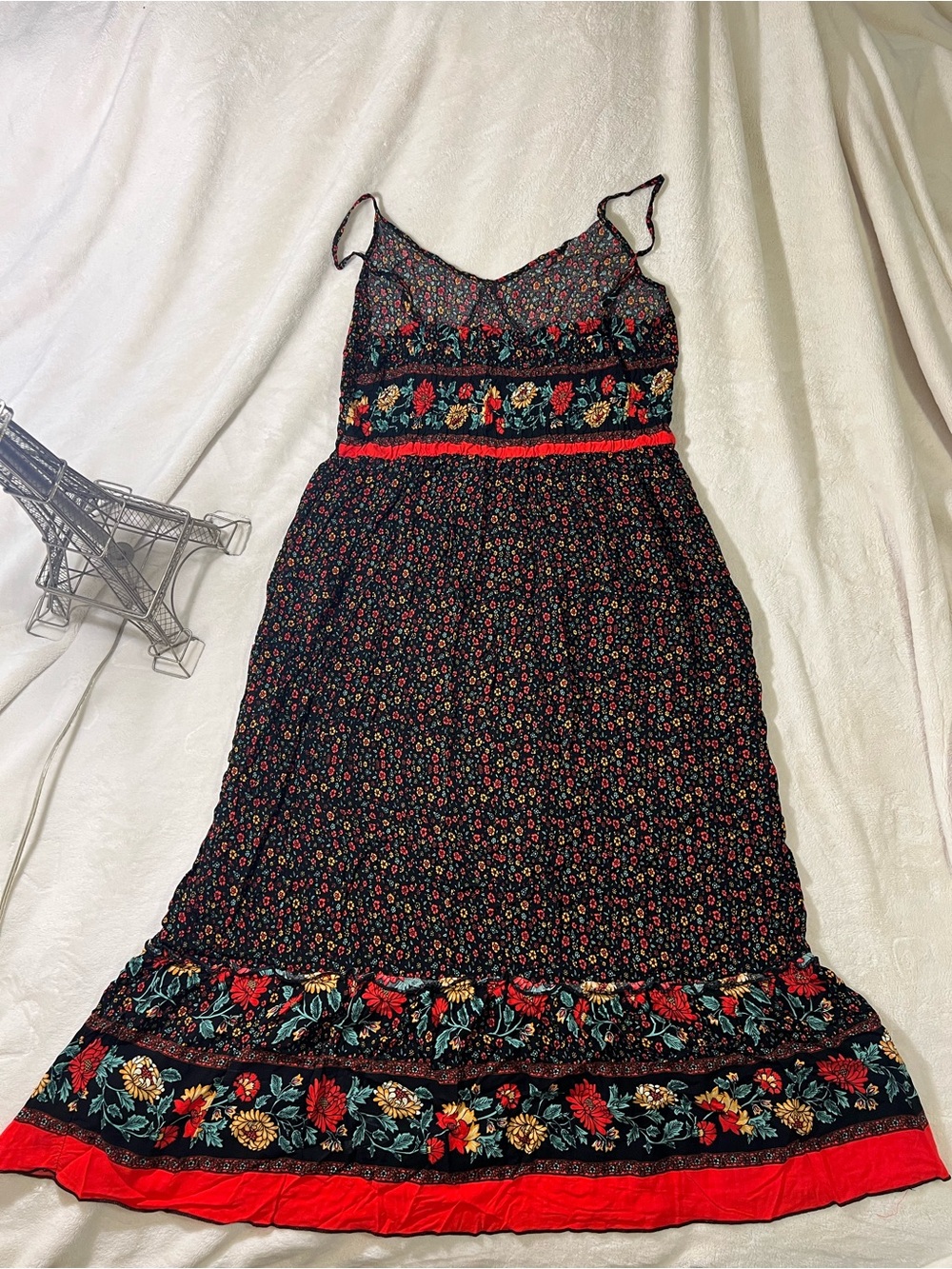 Black Maxi Dress with Red Floral Embroidery